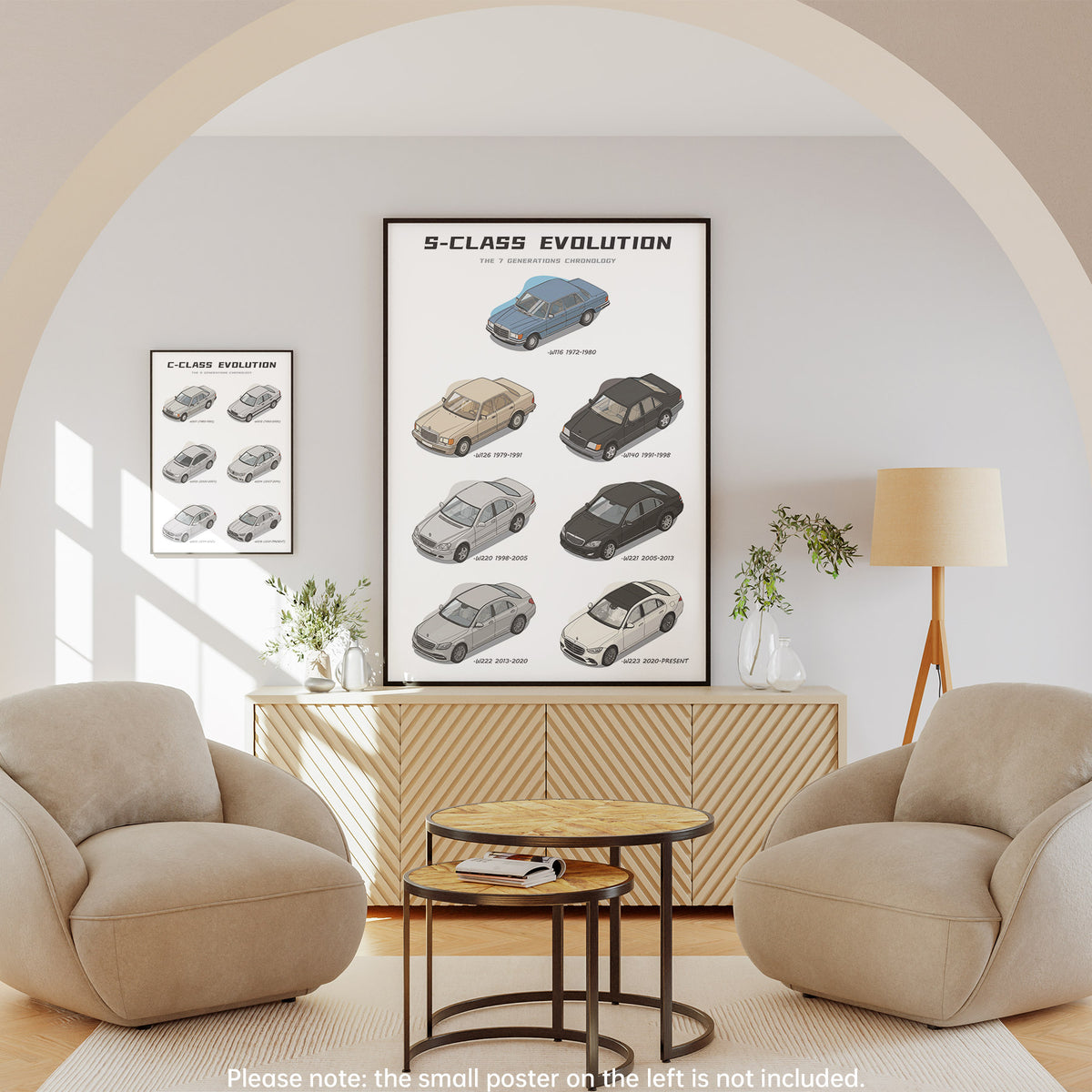 Living room with 'S-Class Evolution' car poster on the wall