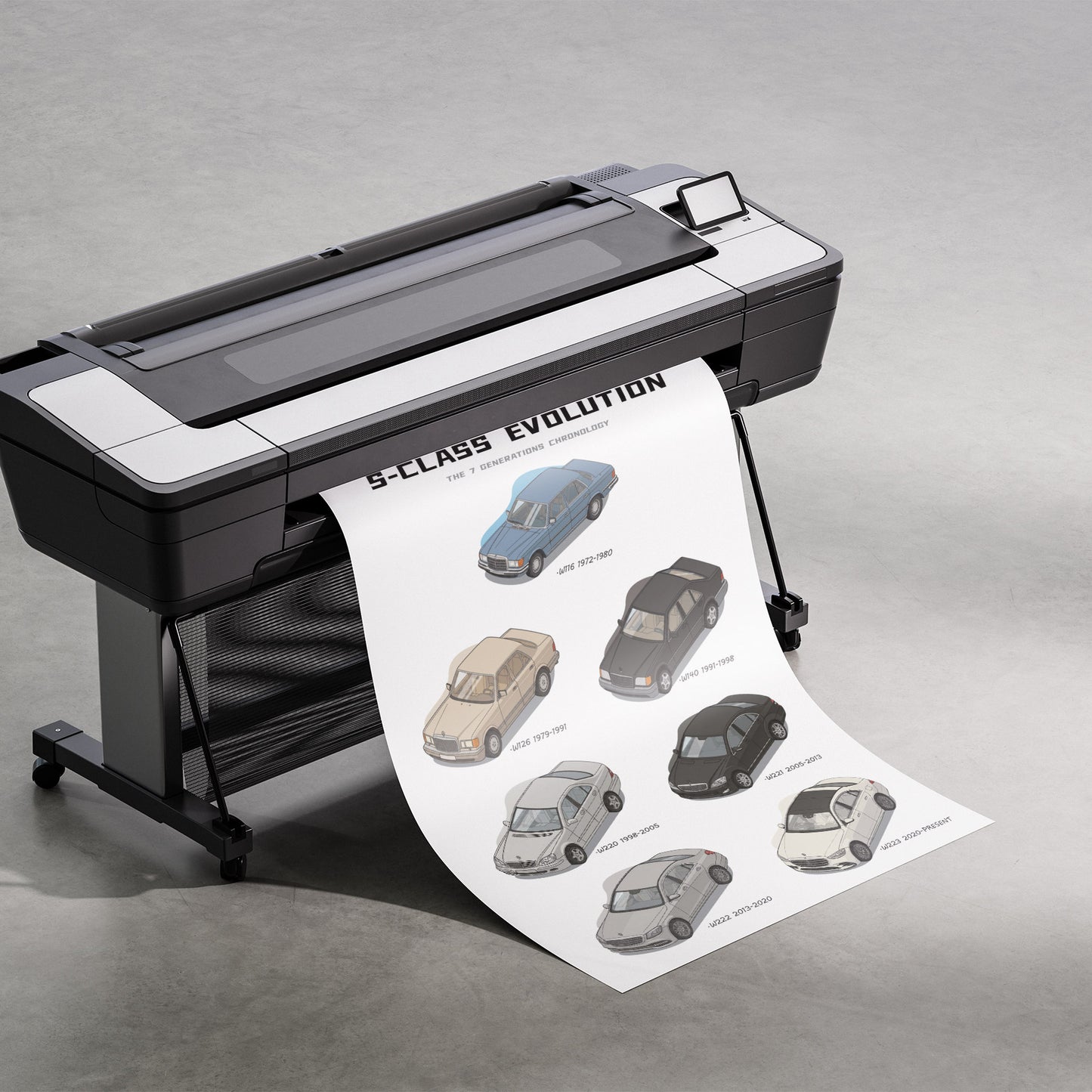 Large format printer with a sheet of printed Mercedes-Benz S-Class illustrations on a gray background