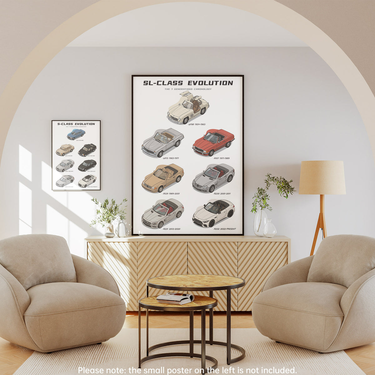 Living room with a 'SL-Class Evolution' poster on the wall