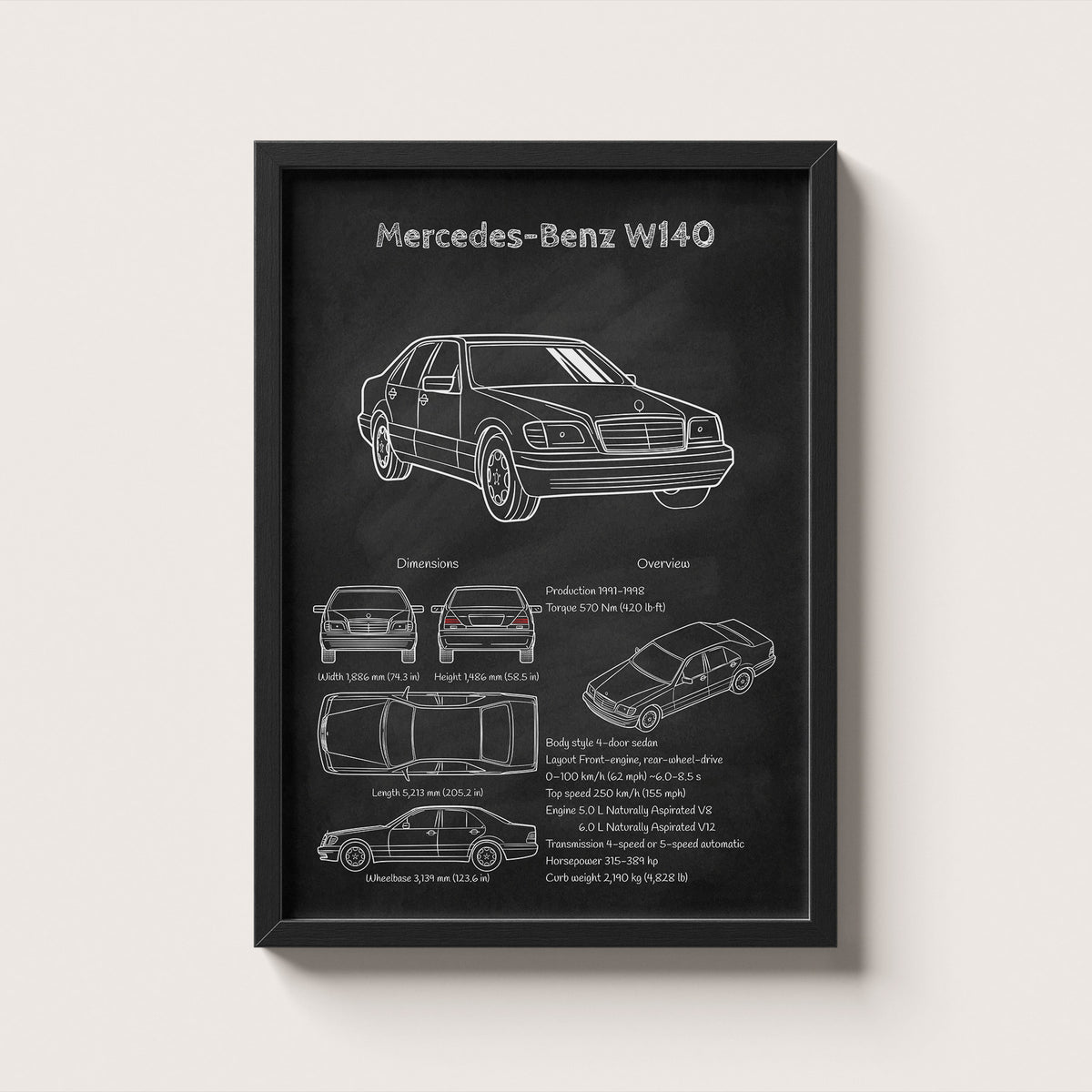 Mercedes-Benz W140 Blueprint Wall Art