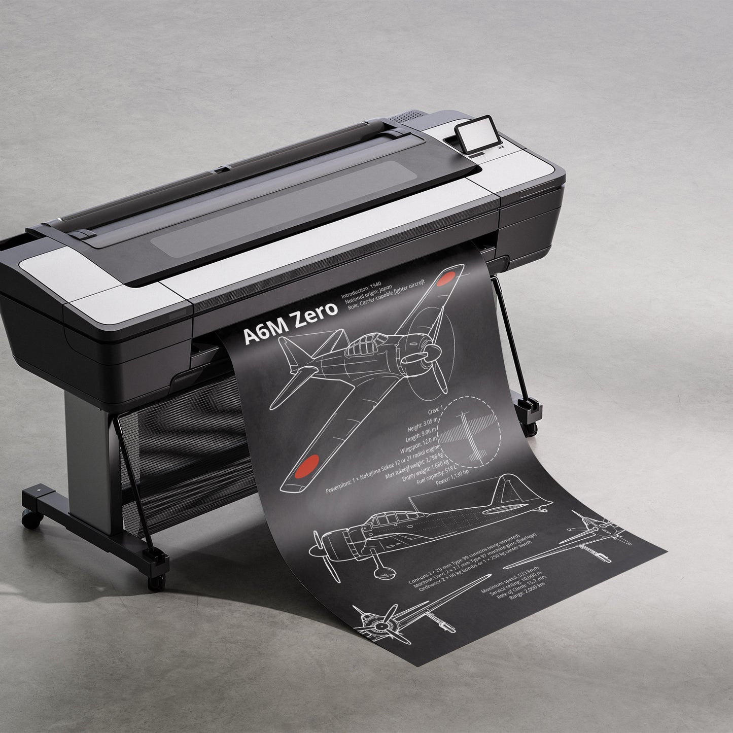 Mitsubishi A6M Zero blueprint being printed – technical aviation art