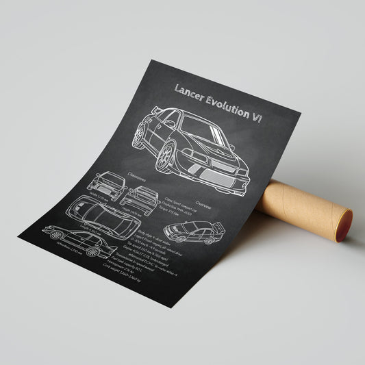 Roll of paper with 'Mitsubishi Lancer Evo VI' car design on a gray background