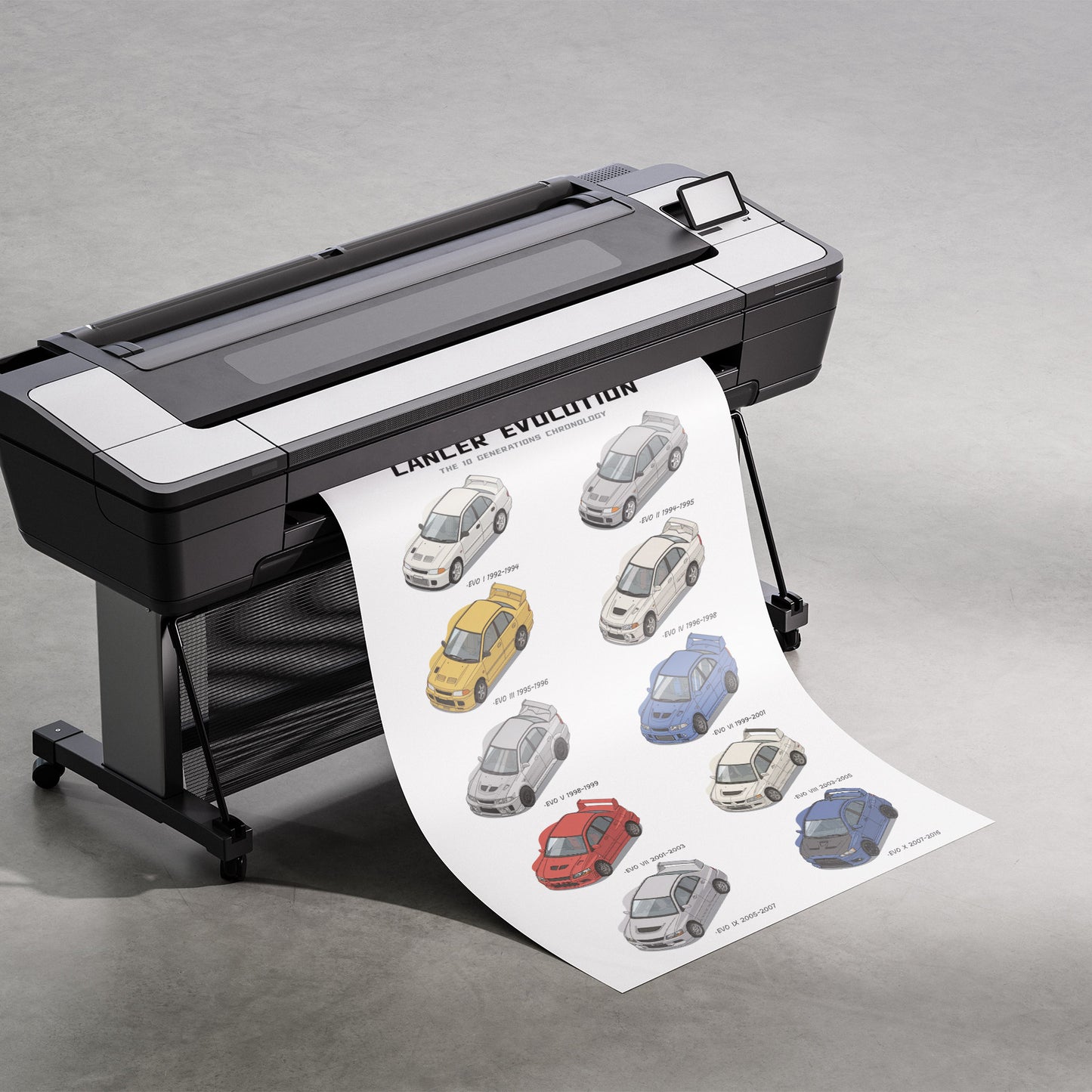 Large format printer with a sheet of printed car illustrations on a gray background