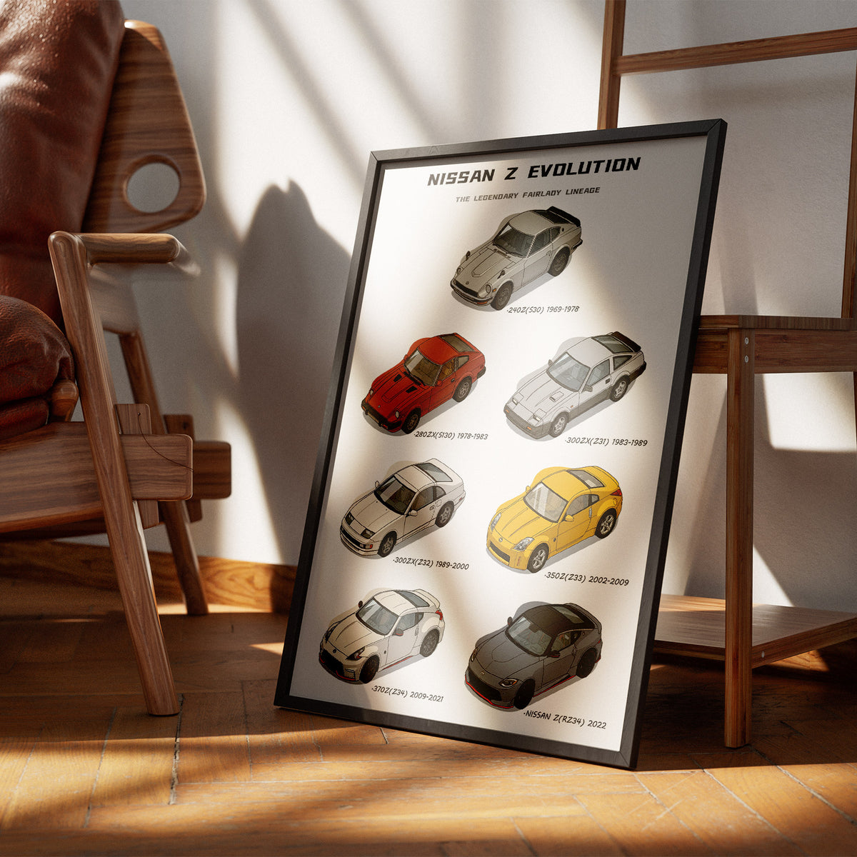 A framed vertical poster titled 'NISSAN Z EVOLUTION' leaning against a wooden chair in a sunlit room. The poster shows multiple vintage Nissan Z models in different colors on a white background with black frame.