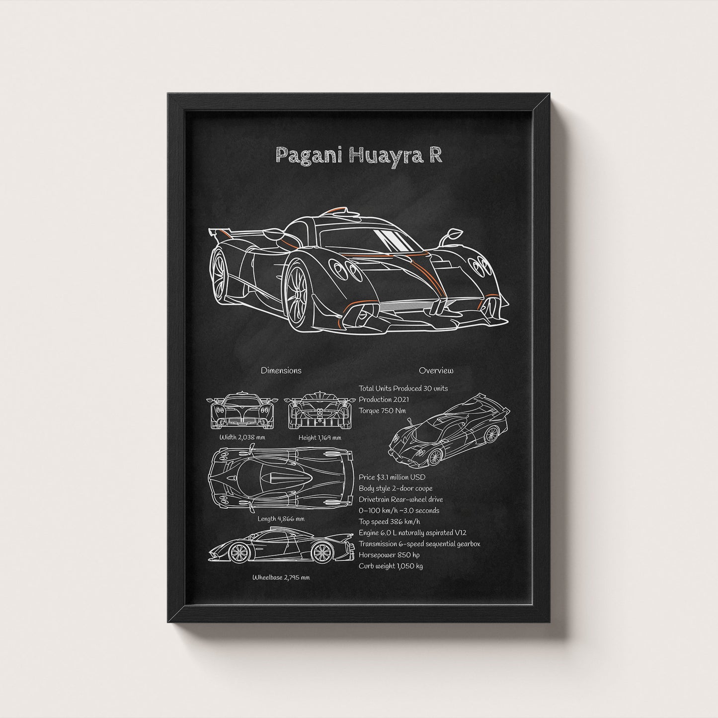 Framed artwork of a Pagani Huayra R car design on a black background