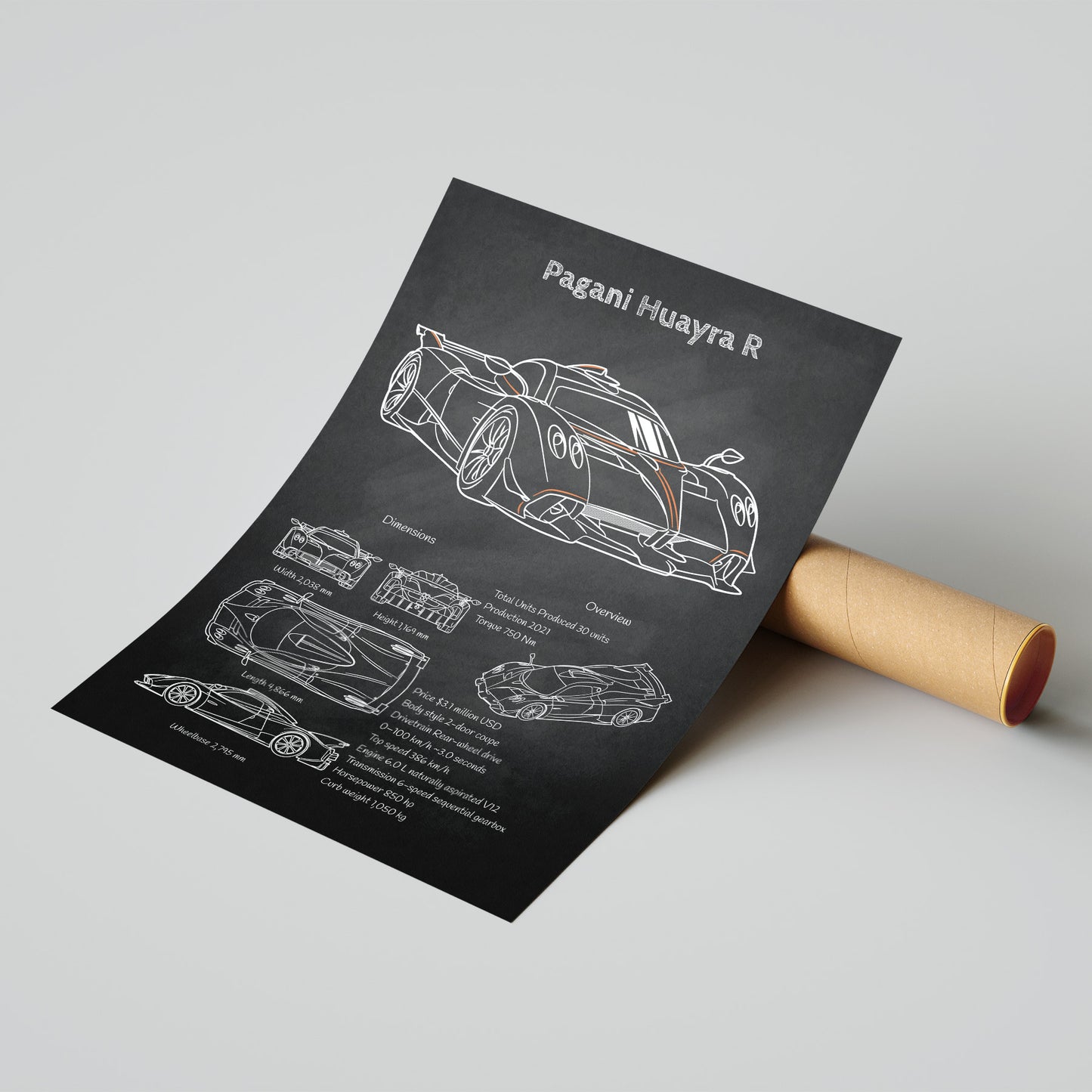 Sheet of paper with a technical drawing of a Pagani Huayra R car on a gray background