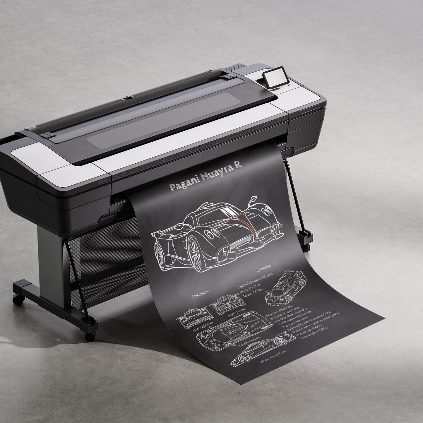 Large format printer with a printed sheet featuring a Pagani Huayra R car design on a gray background