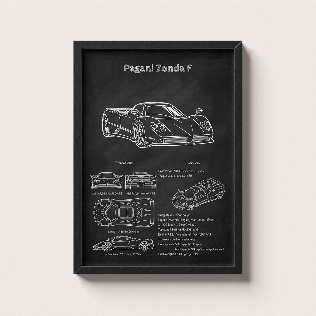 Framed Pagani Zonda F blueprint poster hanging on wall – classic car engineering wall art