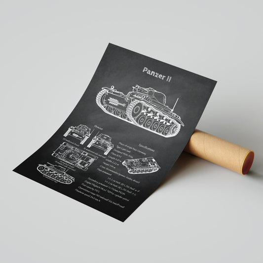 Panzer II tank blueprint print leaning on shipping tube – ready to ship military poster