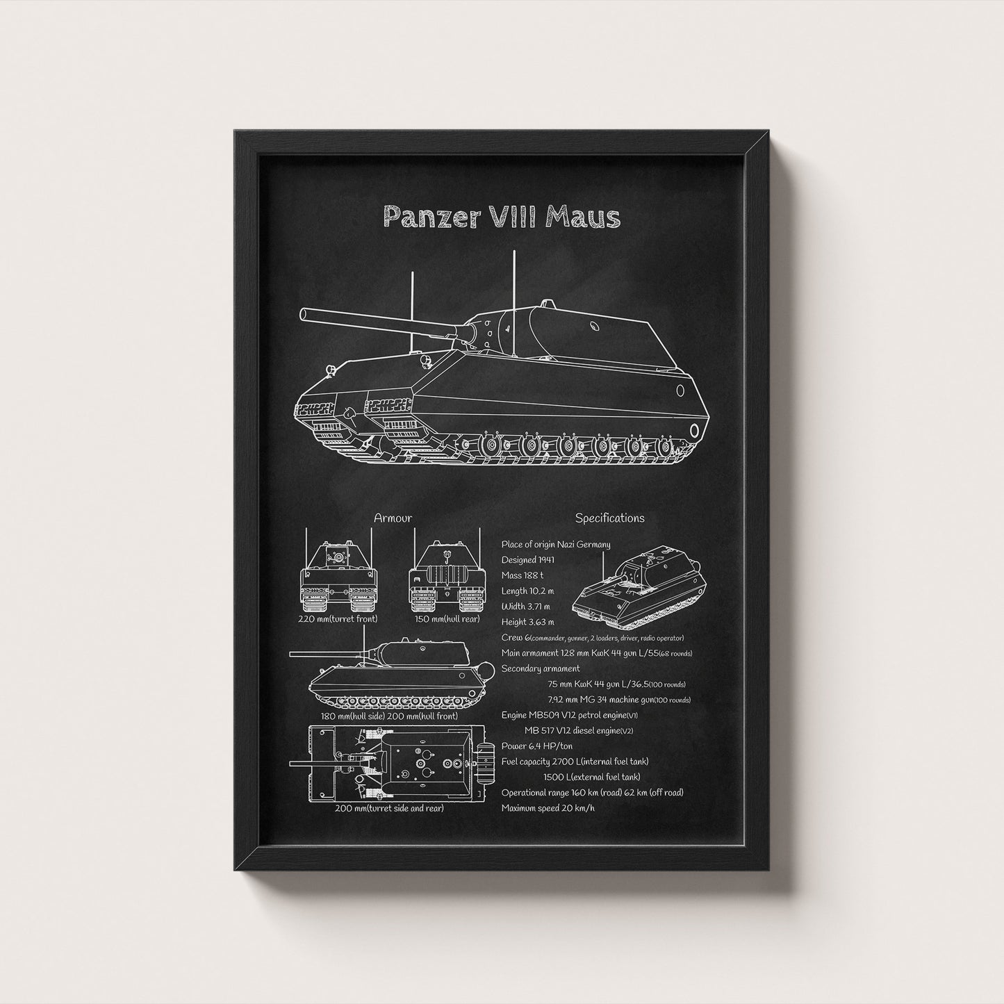 Framed Panzer VIII Maus tank blueprint poster hanging on wall – military wall art for home or office