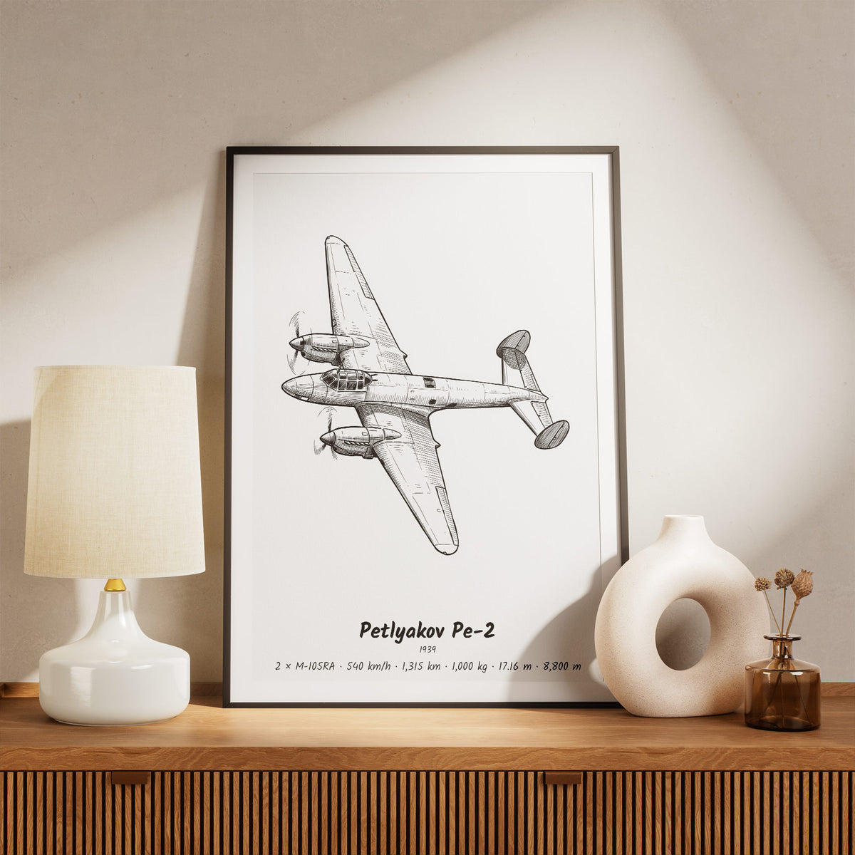 Framed Petlyakov Pe-2 Print on a Shelf