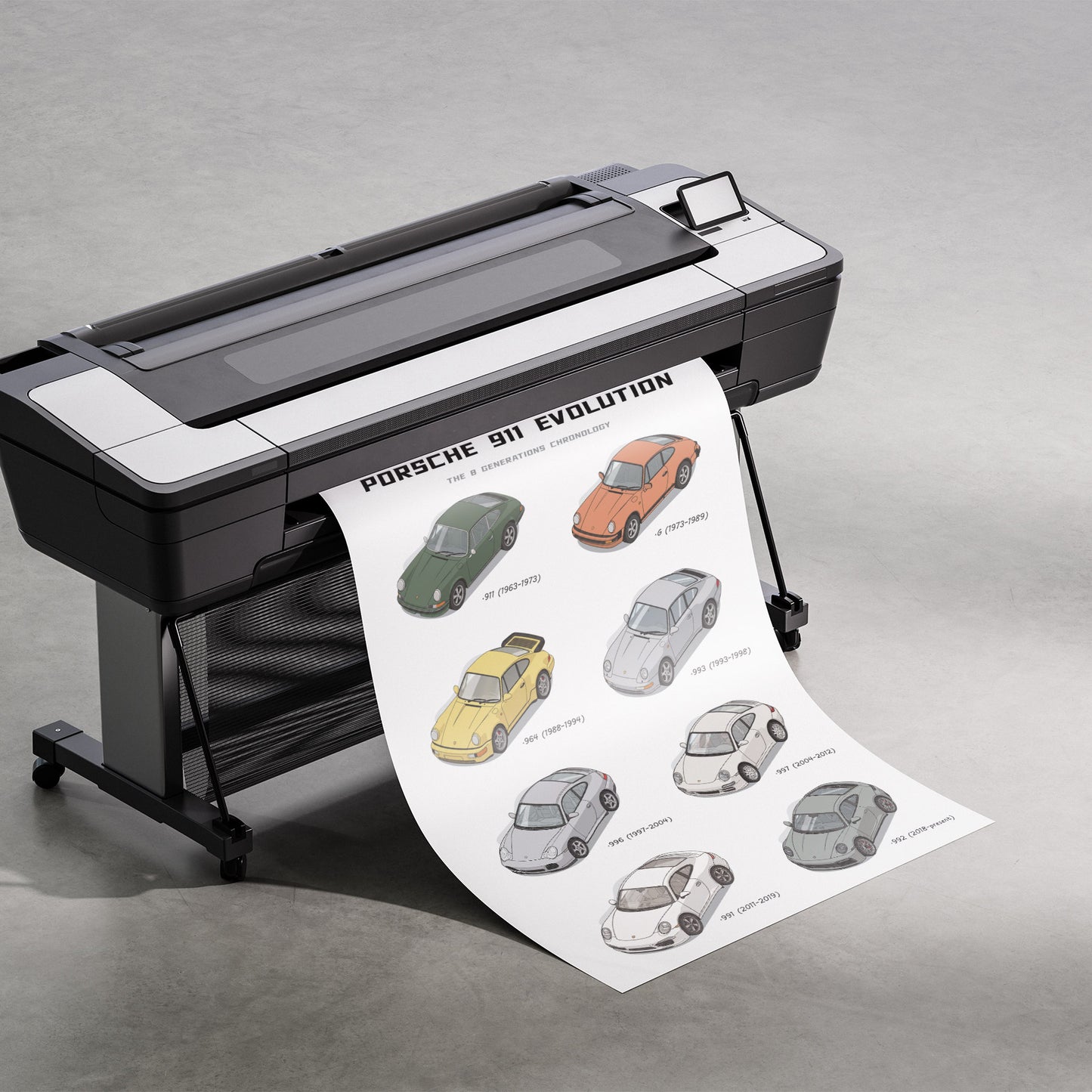 A large black and white desktop printer on a gray stand, printing a long white sheet that displays illustrated Porsche 911 cars with the text 'PORSCHE 911 EVOLUTION'.