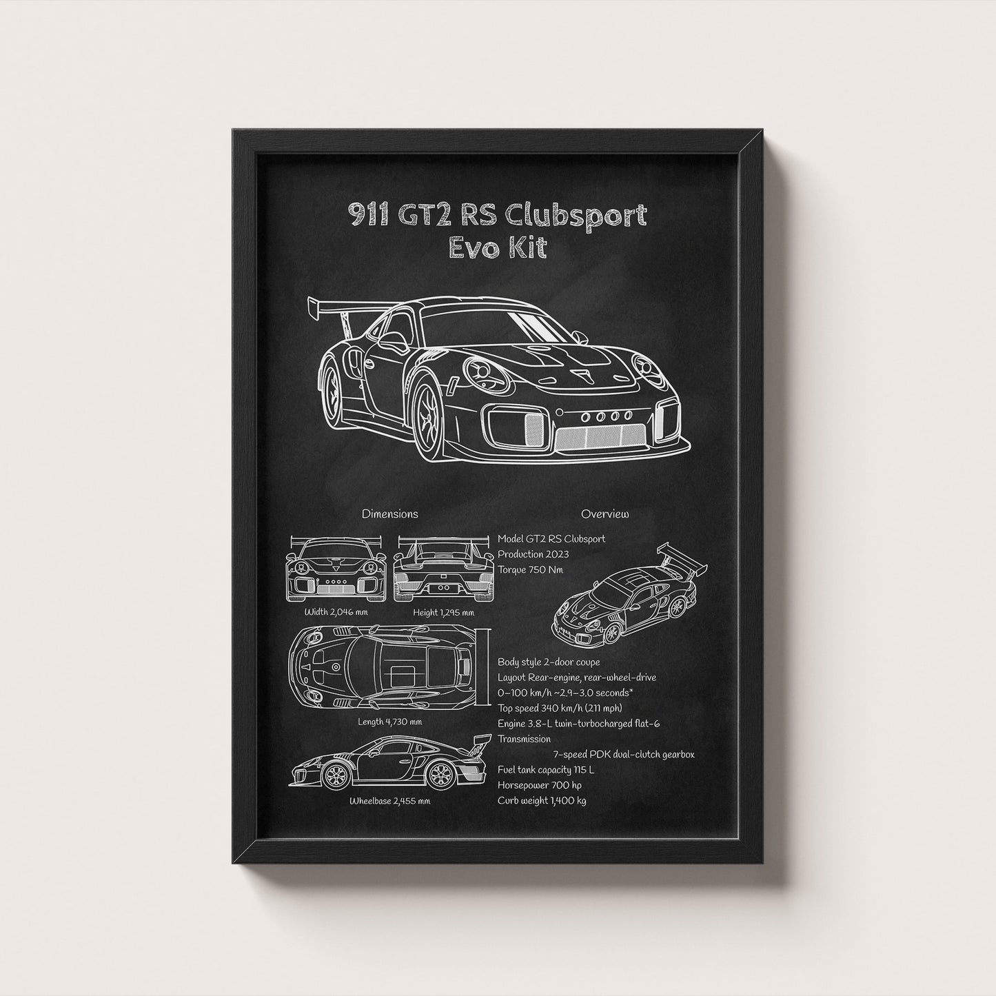 Framed poster of a Porsche 911 GT2 RS Clubsport Evo Kit on a white background