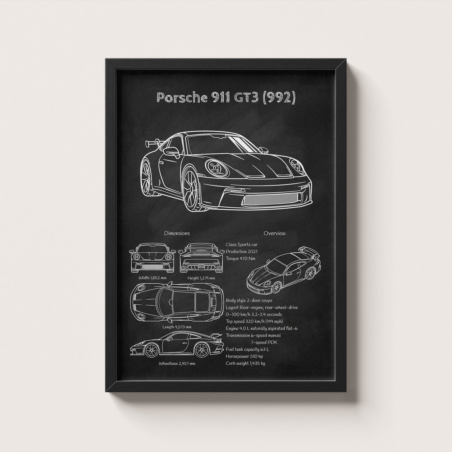 Framed poster of Porsche 911 GT3 (992) on a white wall