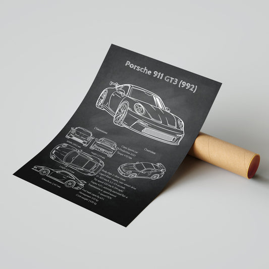 Porsche 911 GT3 992 blueprint poster with mailing tube – ready-to-ship automotive wall decor