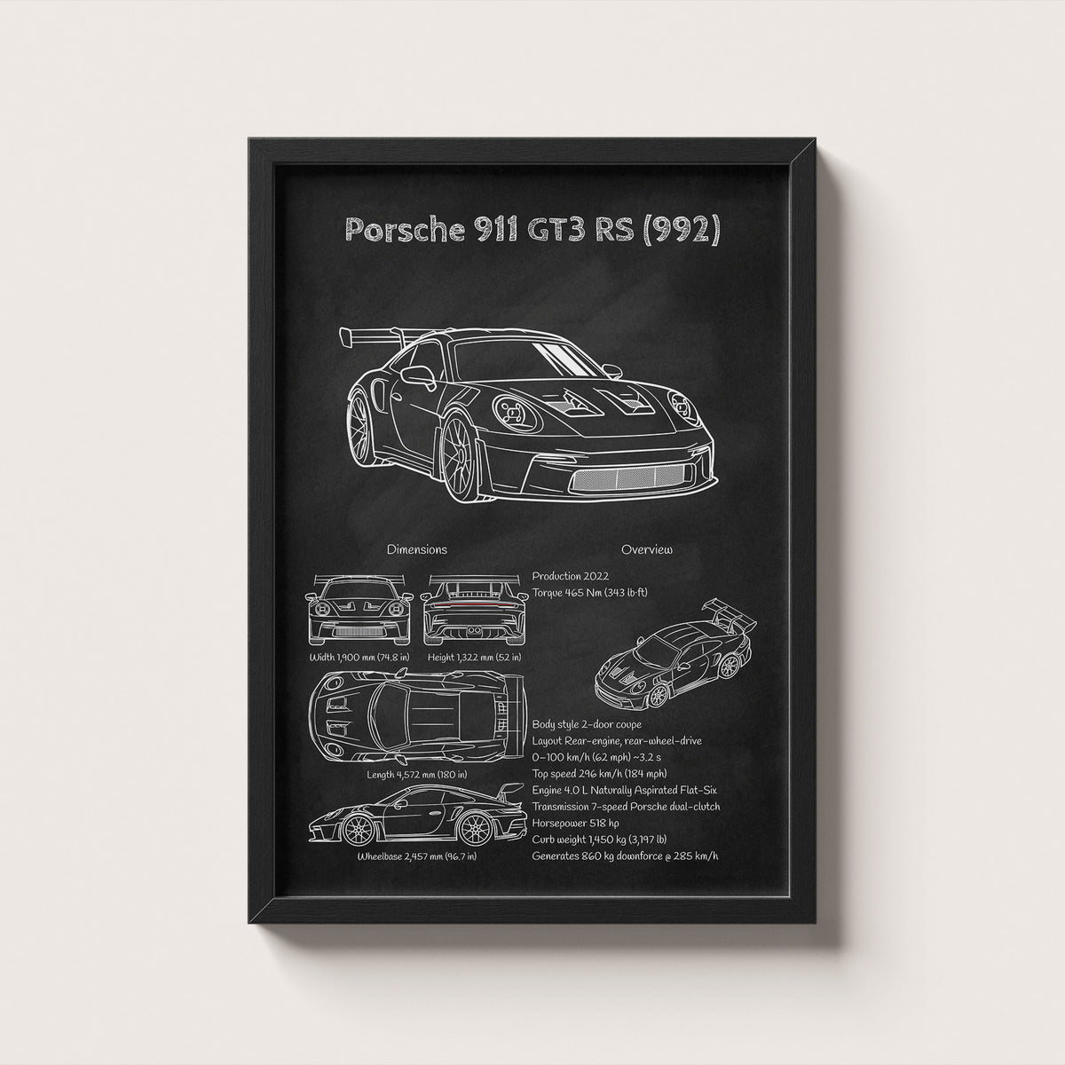 Porsche 911 GT3 RS (992) Blueprint Wall Art