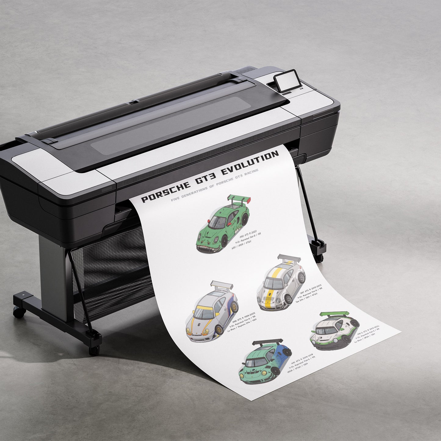 A large black and white desktop printer on a gray stand, printing a white sheet that displays illustrated Porsche GT3 evolution race cars with text.