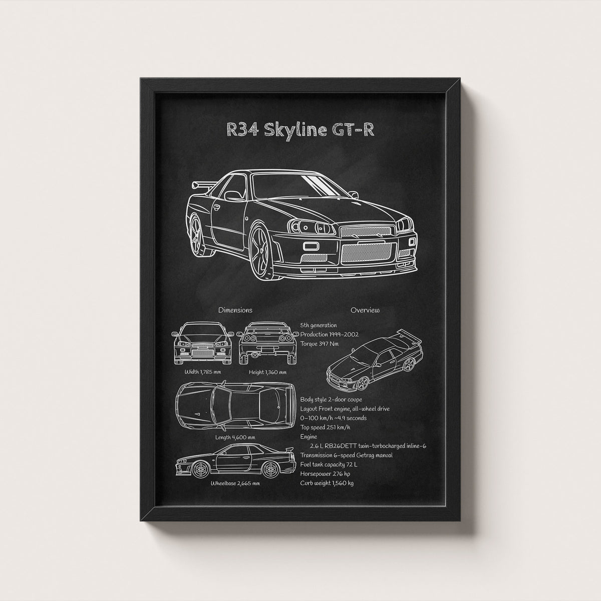 Framed poster of a Nissan R34 Skyline GT-R with technical drawings on a black background.