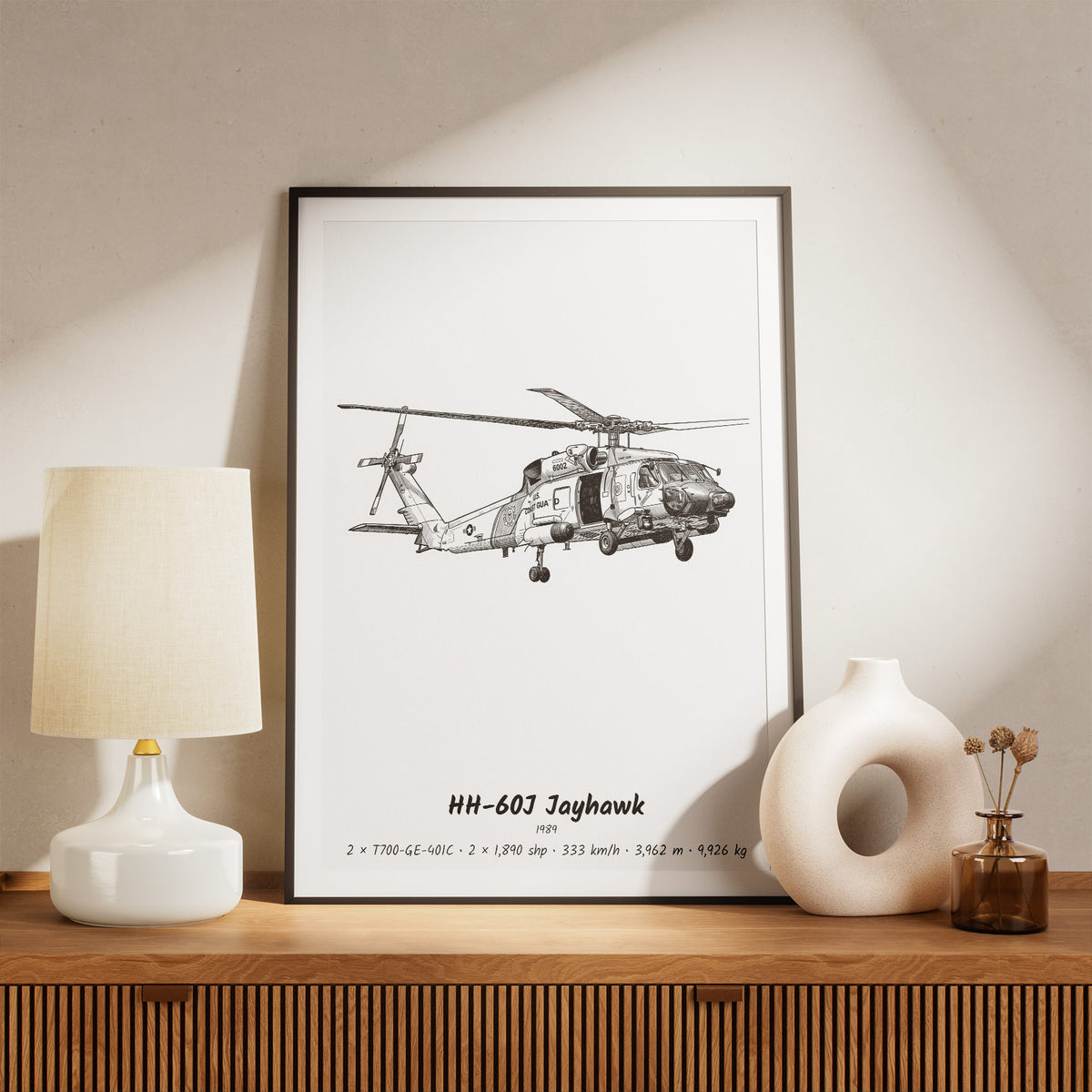 Framed Sikorsky HH-60J Jayhawk Print on a Shelf