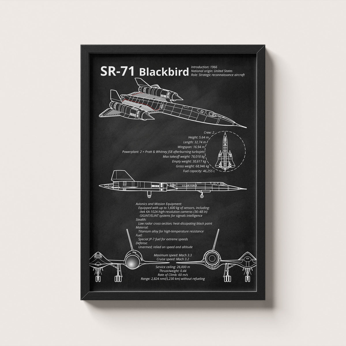 Framed SR-71 Blackbird blueprint poster hanging on wall – aviation wall art
