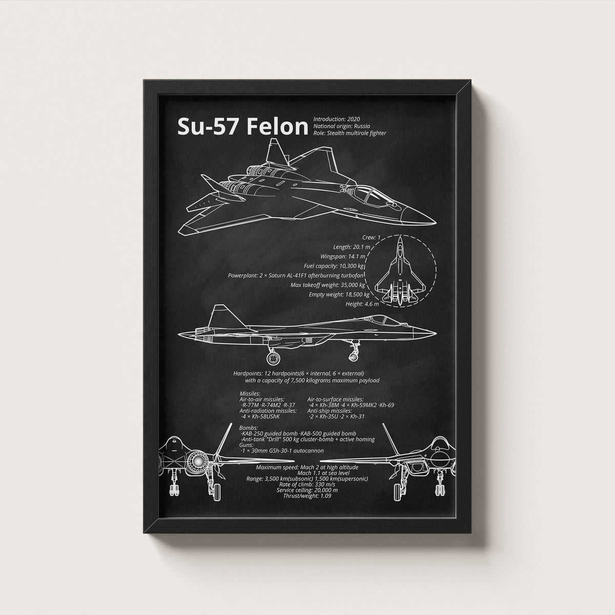 Framed Sukhoi Su-57 blueprint poster hanging on wall – aviation wall art