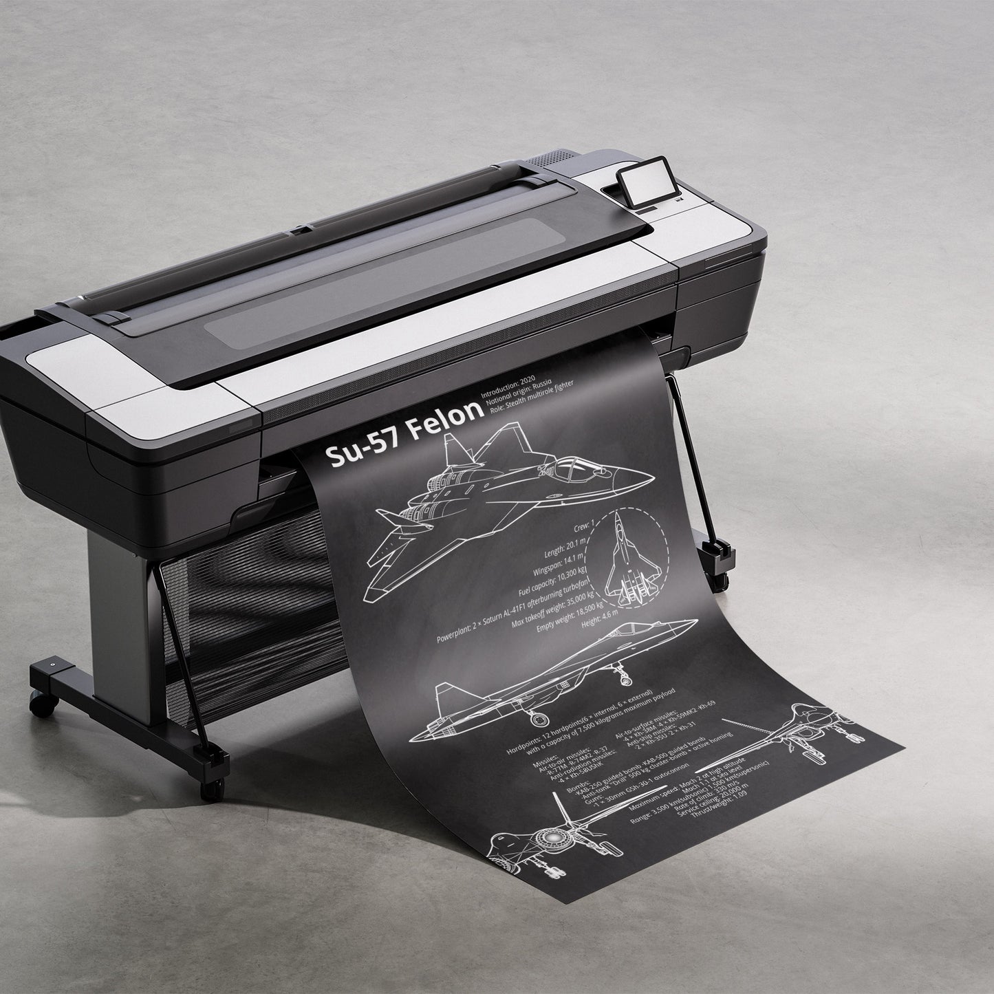 Sukhoi Su-57 blueprint being printed – technical aviation art