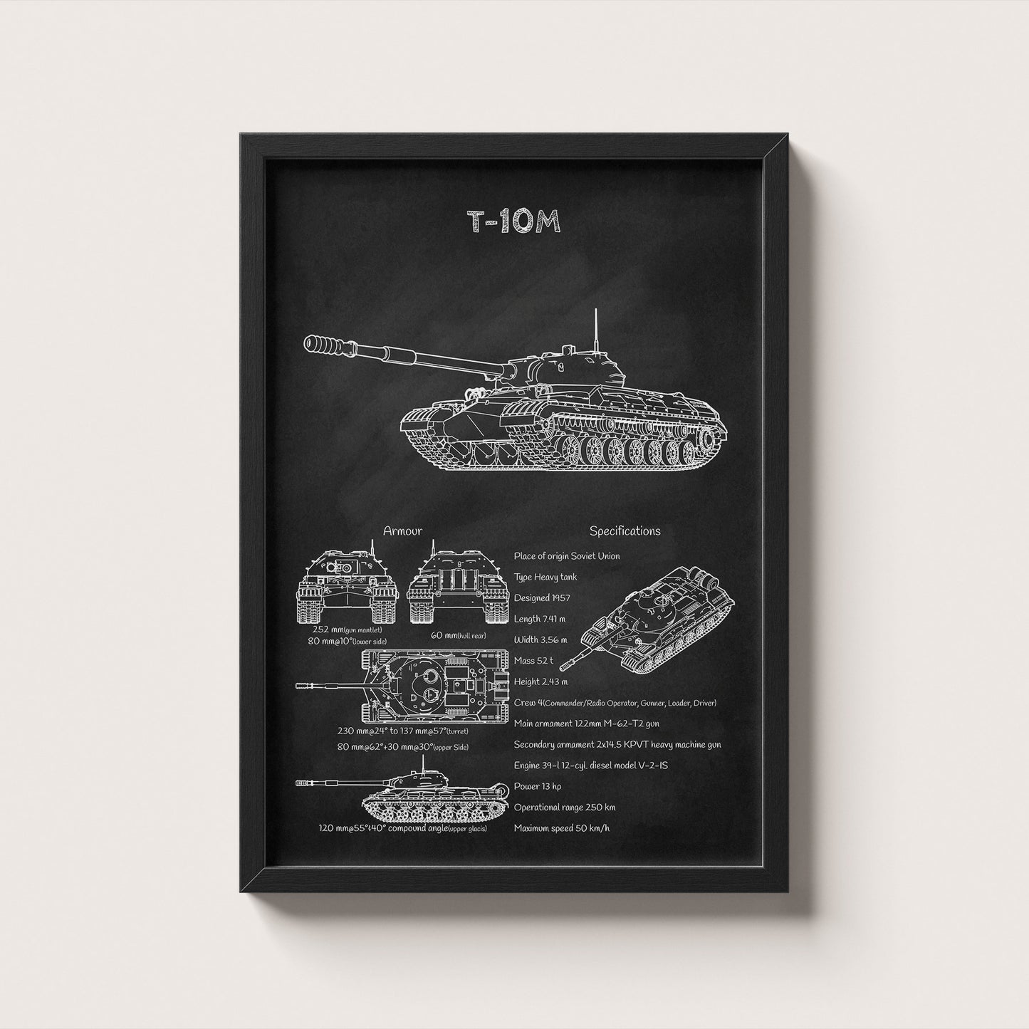 Framed T-10 tank blueprint poster hanging on wall – military wall art for home or office