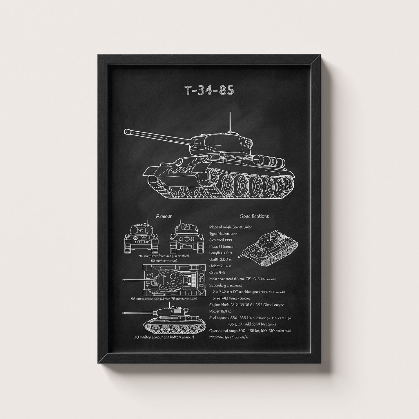 Framed T-34-85 tank blueprint poster hanging on wall – military wall art for home or office