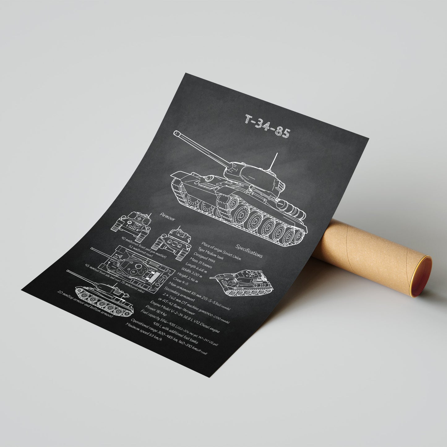 T-34-85 tank blueprint print leaning on shipping tube – ready to ship military poster