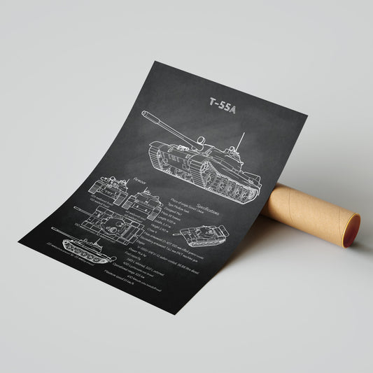 T-55 tank blueprint print leaning on shipping tube – ready to ship military poster