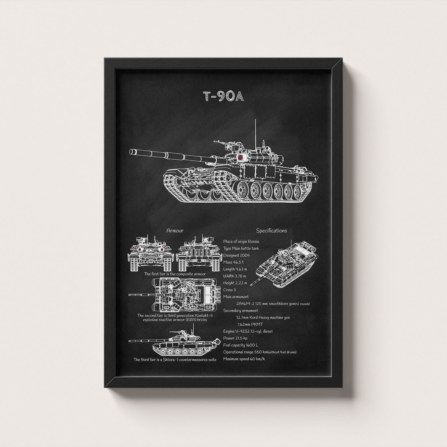 Framed T-90 tank blueprint poster hanging on wall – military wall art for home or office