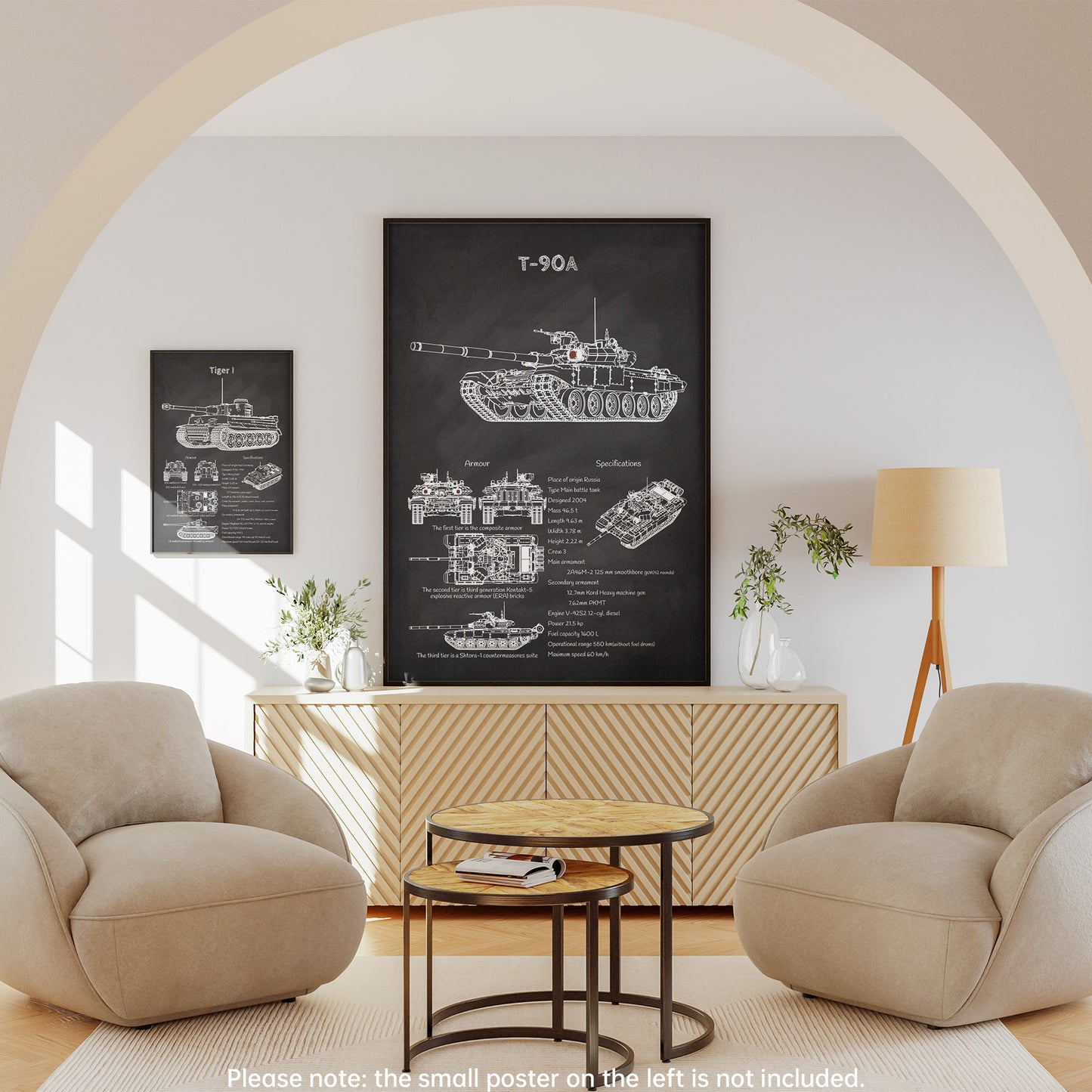 Framed T-90 tank blueprint displayed in living room – military decor