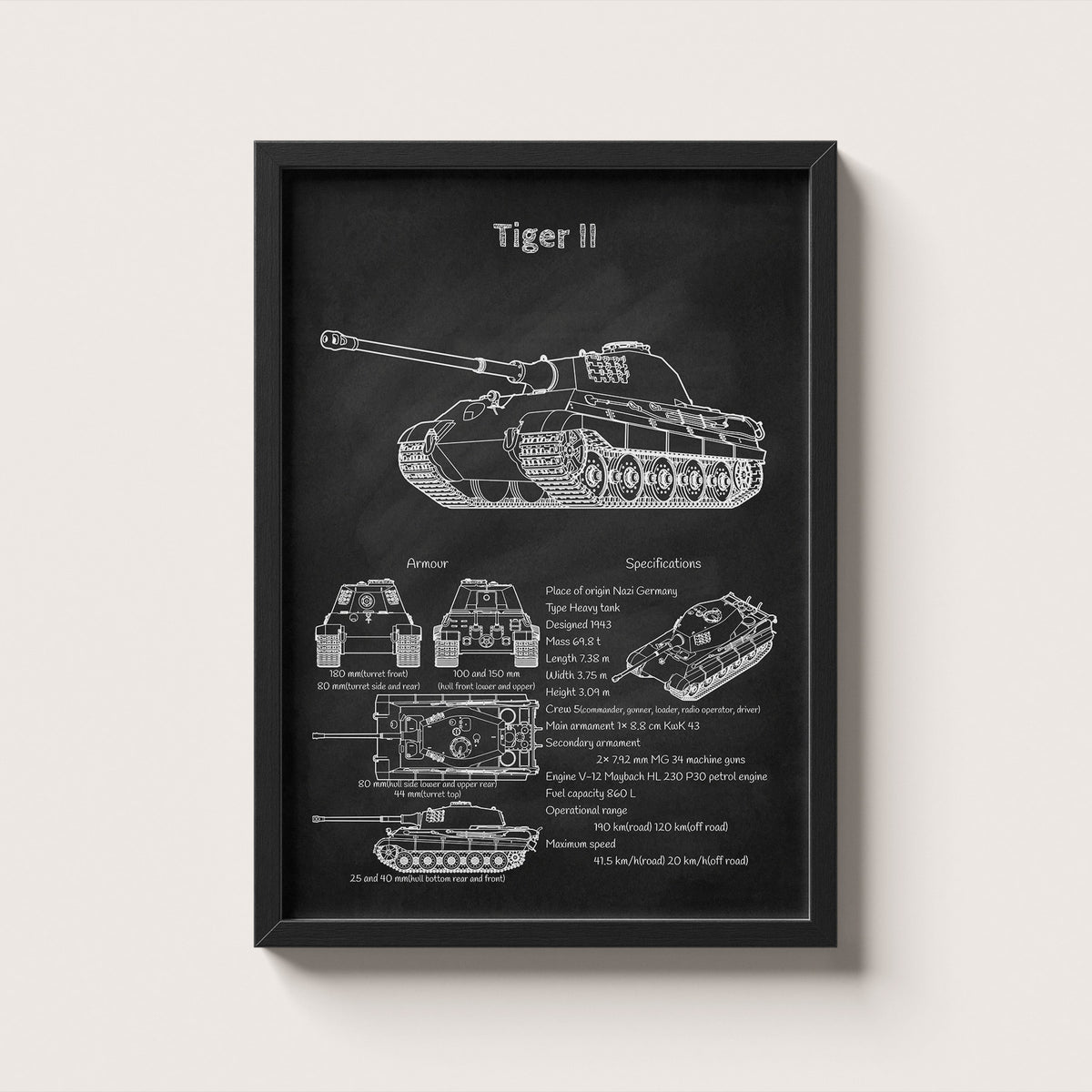 Framed King Tiger II tank blueprint poster hanging on wall – military wall art for home or office