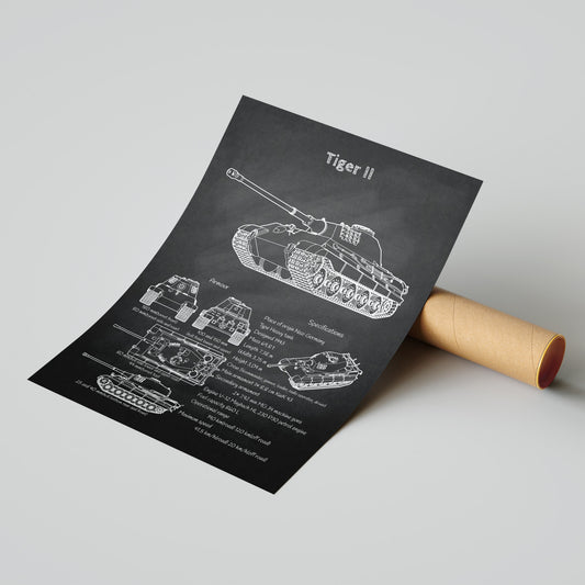 King Tiger II tank blueprint print leaning on shipping tube – ready to ship military poster