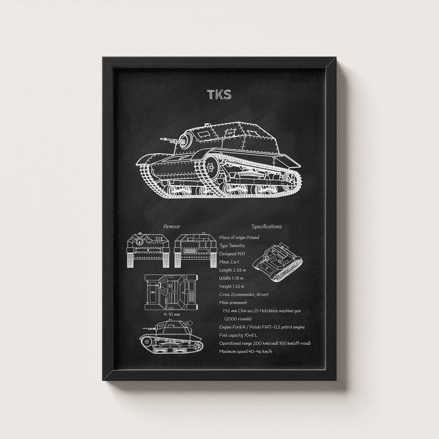 Framed TKS tank blueprint poster hanging on wall – military wall art for home or office