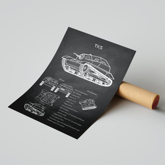 TKS tank blueprint print leaning on shipping tube – ready to ship military poster