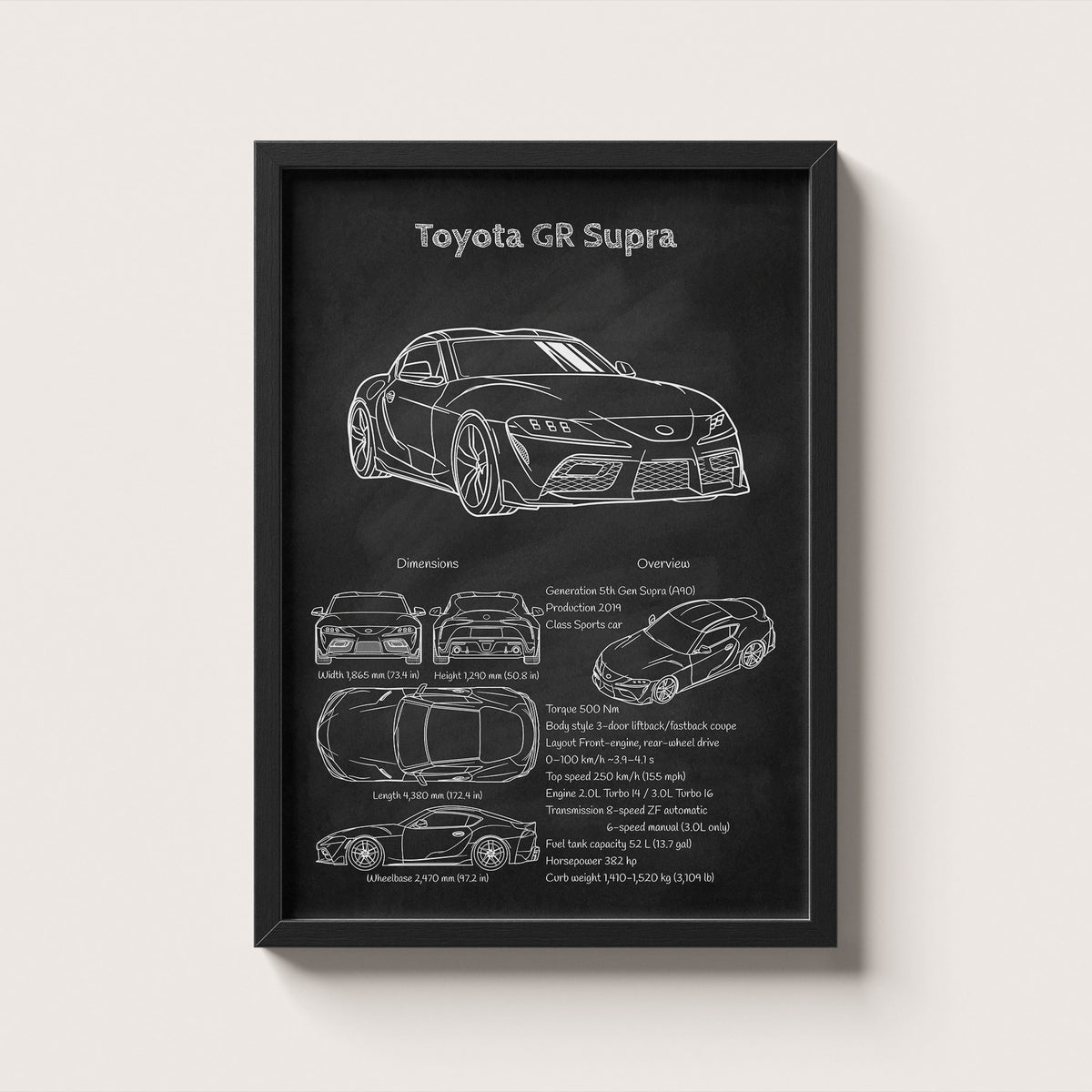 Framed poster of a Toyota GR Supra with technical drawings and specifications on a white background