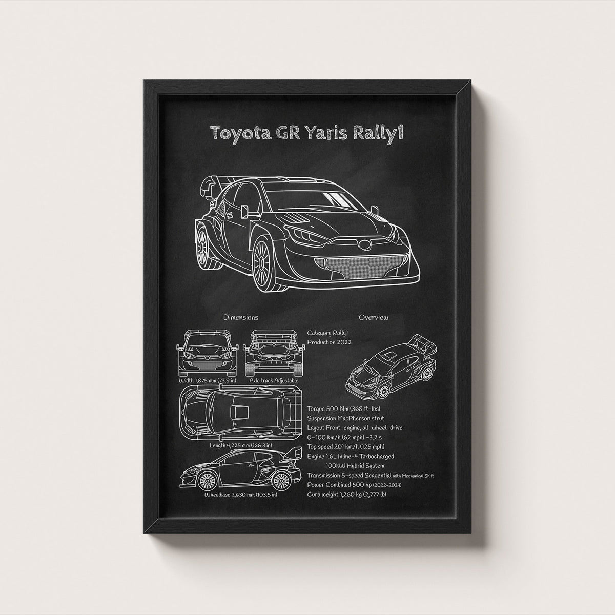 Framed poster of a Toyota GR Yaris Rally car design on a white background