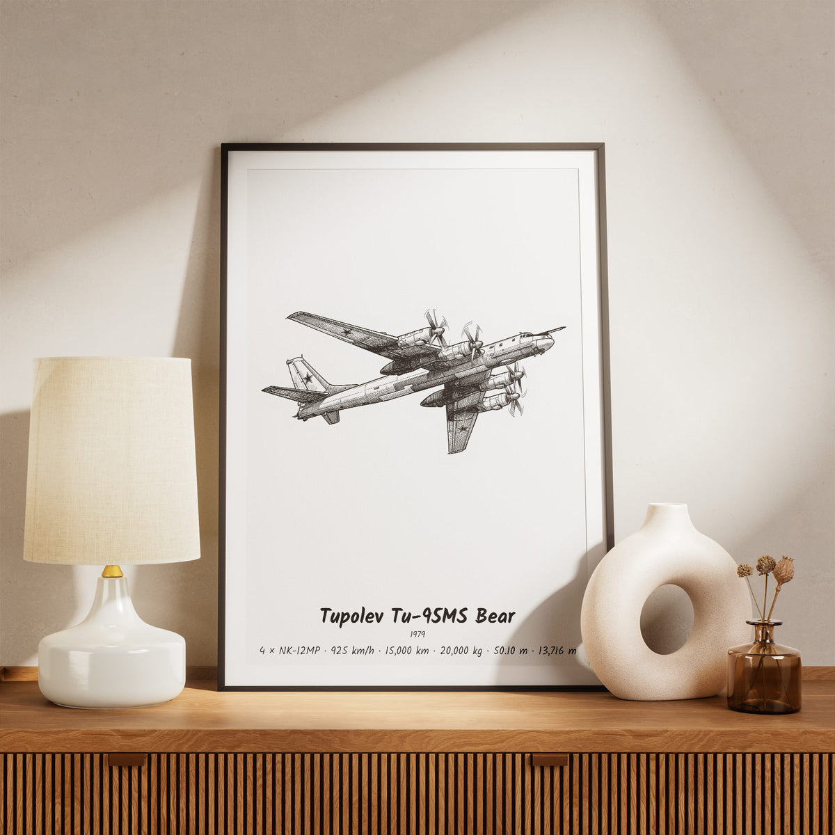 Framed Tupolev Tu-95MS Bear Print on a Shelf