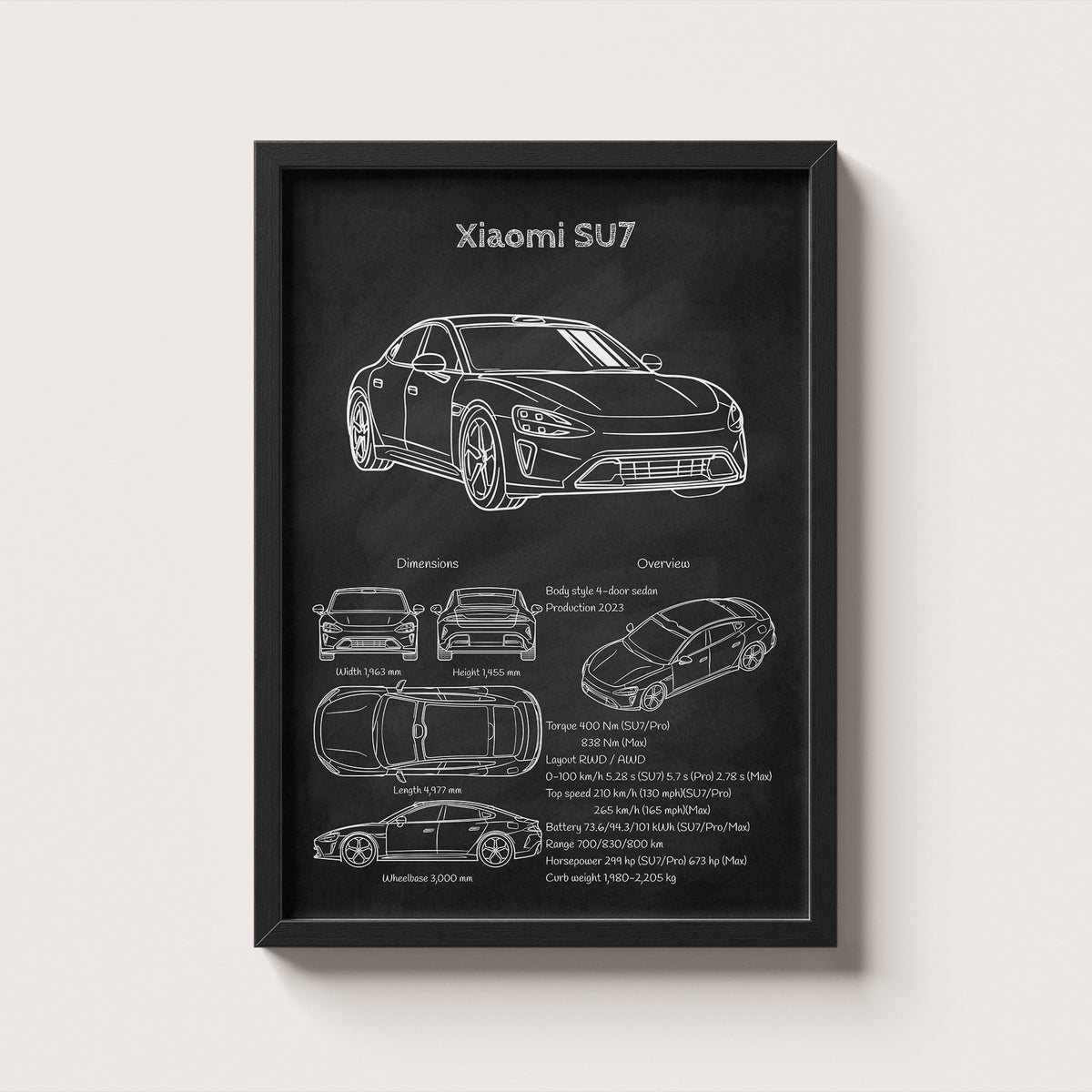 Framed poster of Xiaomi SU7 car design on a white background