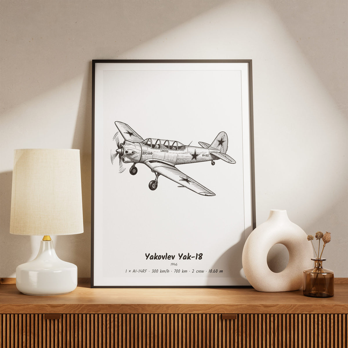 Framed Yakovlev Yak-18 Print on a Shelf