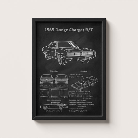 Framed 1969 Dodge Charger R/T blueprint poster hanging on wall – classic car engineering wall art