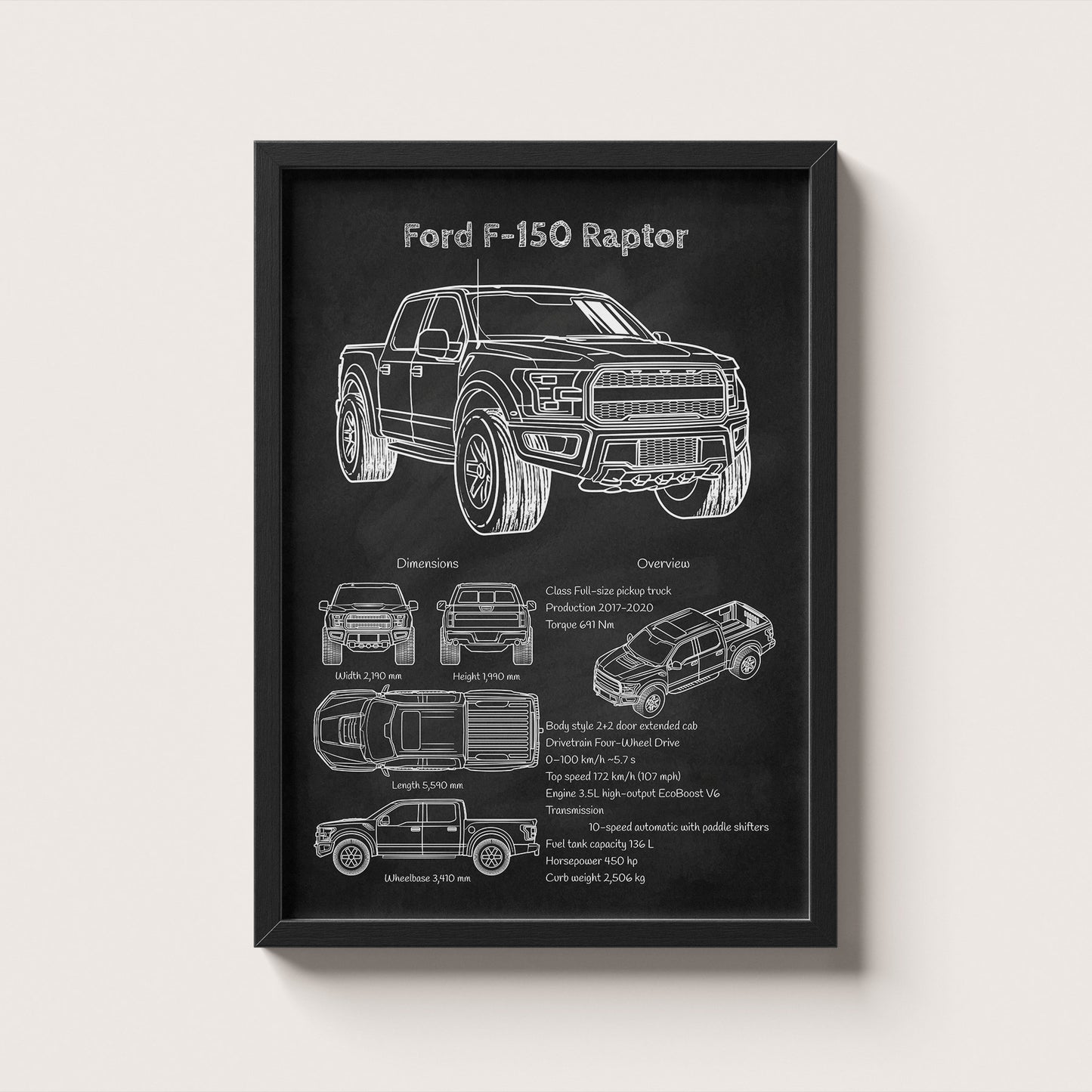Framed black and white blueprint of a Ford F-150 Raptor on a light gray background
