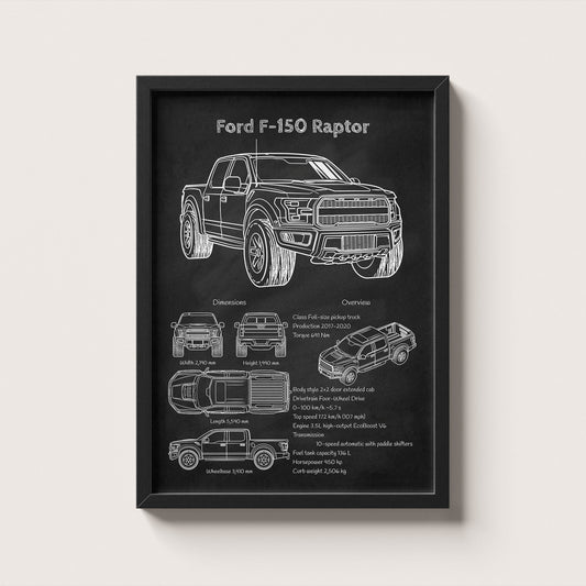 Framed black and white blueprint of a Ford F-150 Raptor on a light gray background