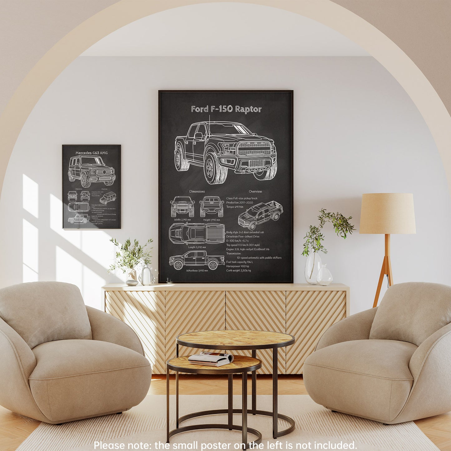 Living room with a Ford F-150 Raptor poster on the wall, beige armchairs, and a coffee table.