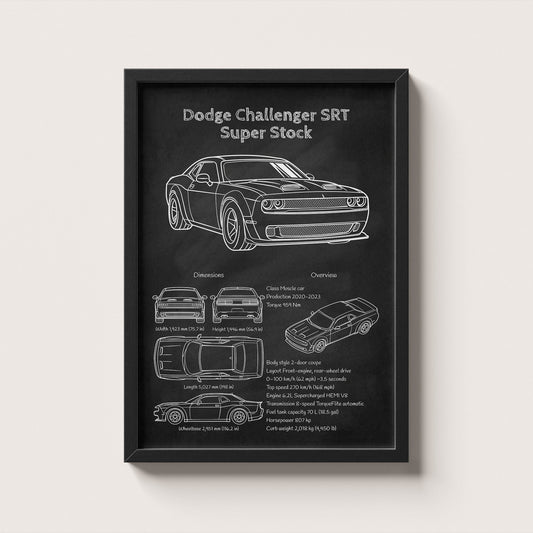 Framed poster of a Dodge Challenger SRT Super Stock with technical details on a black background.