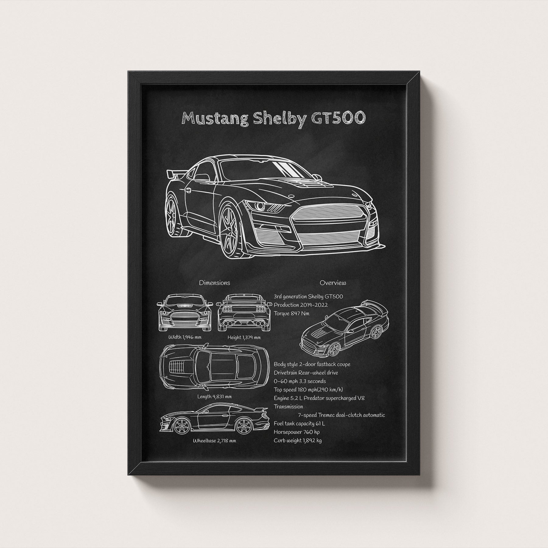 Framed poster of a Mustang Shelby GT500 with technical details on a white background