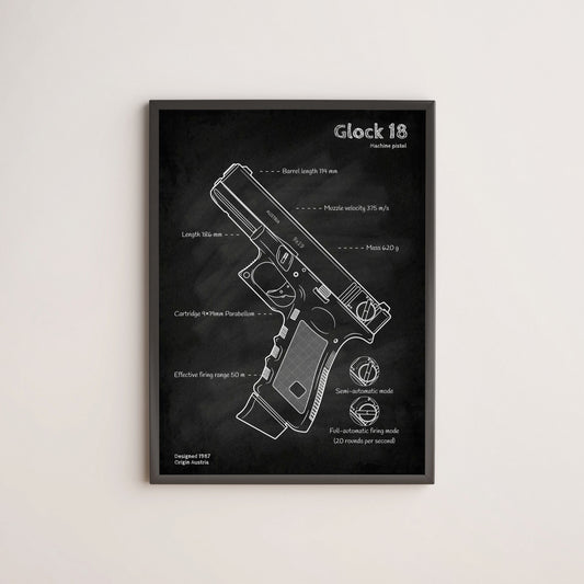 Glock 18 pistol blueprint poster wall art