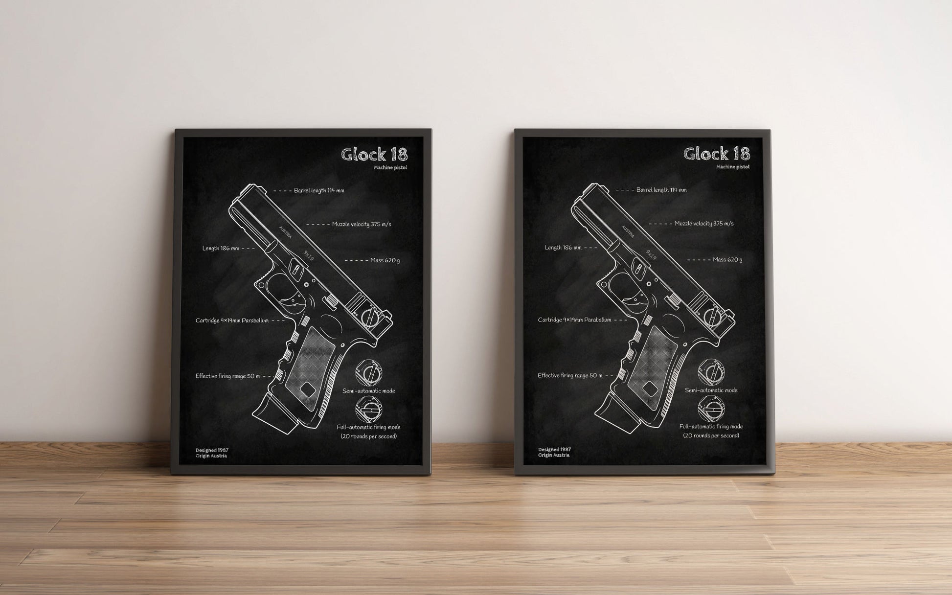 Glock 18 pistol blueprint poster wall art