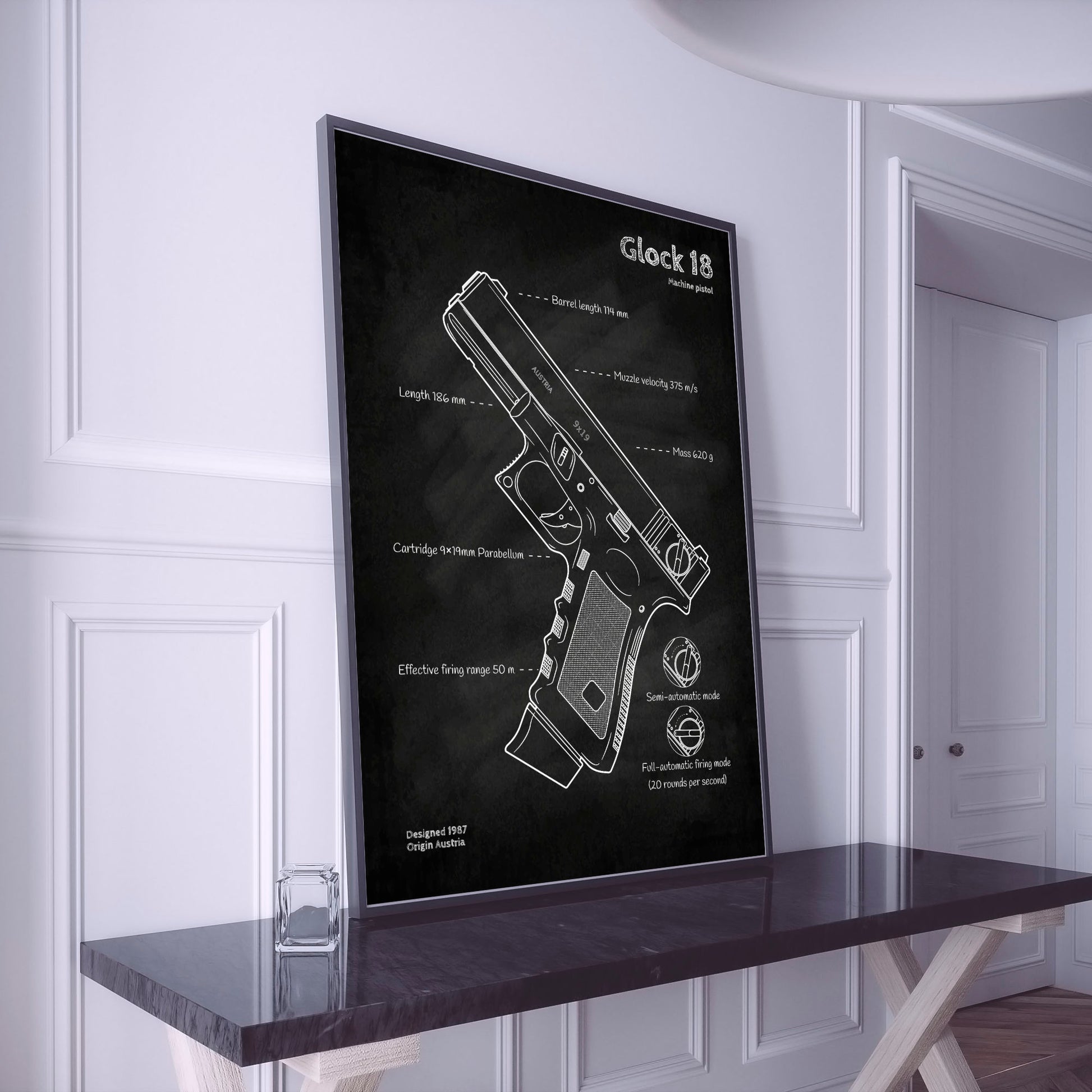 Glock 18 pistol blueprint poster wall art